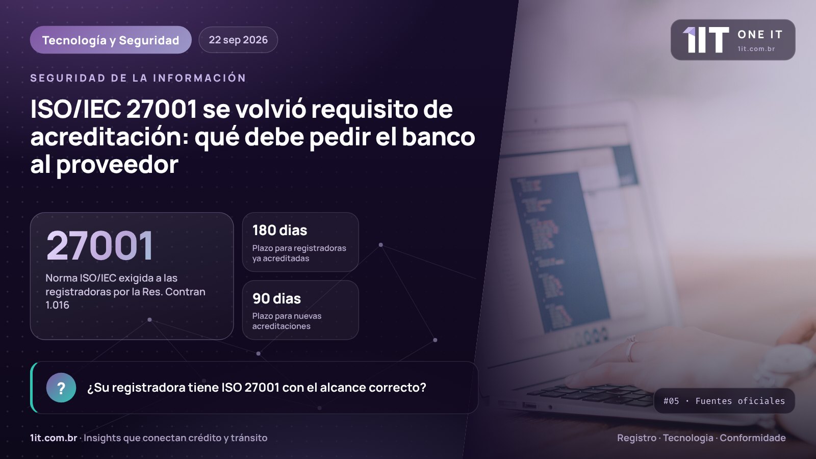 Infografía One IT — ISO/IEC 27001 se volvió requisito de acreditación: qué debe pedir el banco al proveedor