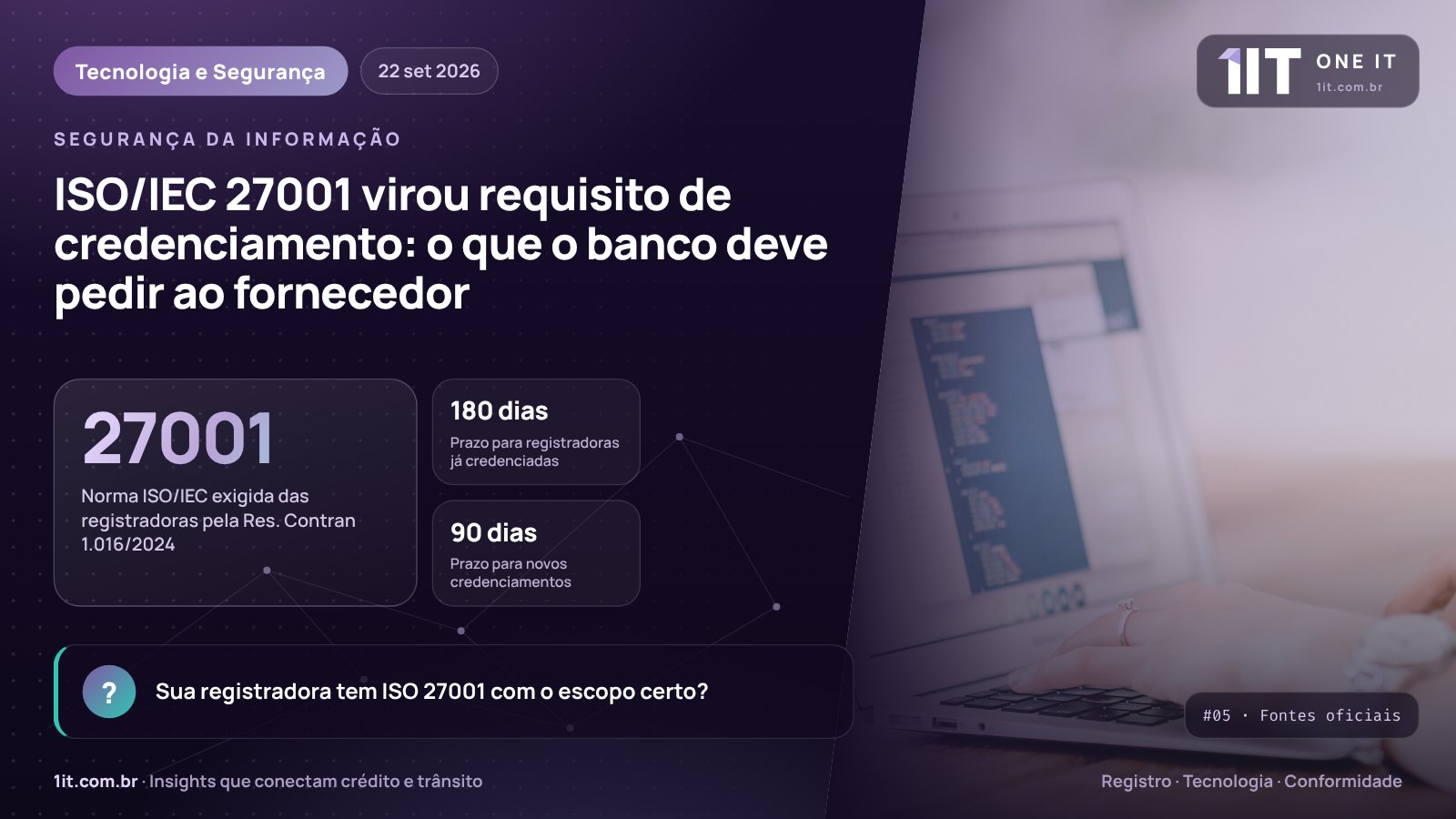 Infográfico One IT — ISO/IEC 27001 virou requisito de credenciamento: o que o banco deve pedir ao fornecedor