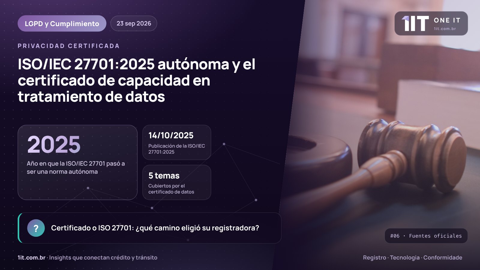 Infografía One IT — ISO/IEC 27701:2025 autónoma y el certificado de capacidad en tratamiento de datos