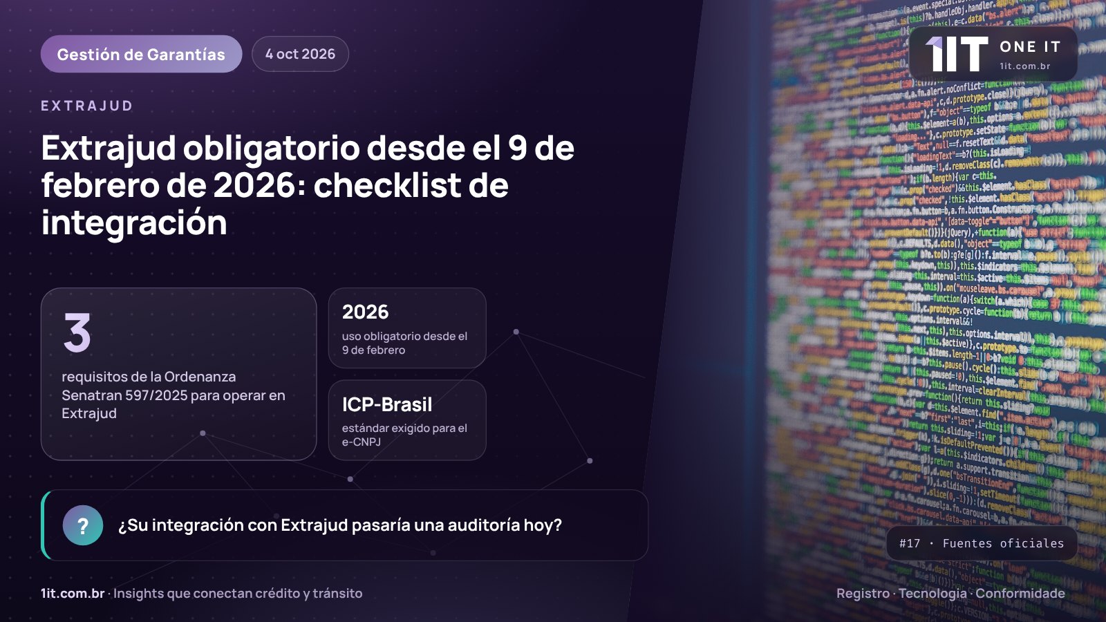 Infografía One IT — Extrajud obligatorio desde el 9 de febrero de 2026: checklist de integración