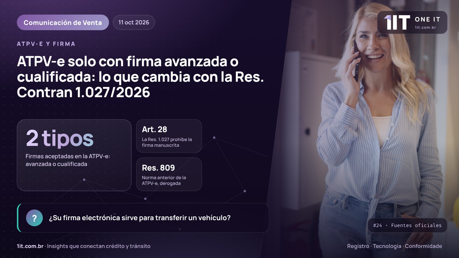 Infografía One IT — ATPV-e solo con firma avanzada o cualificada: lo que cambia con la Res. Contran 1.027/2026