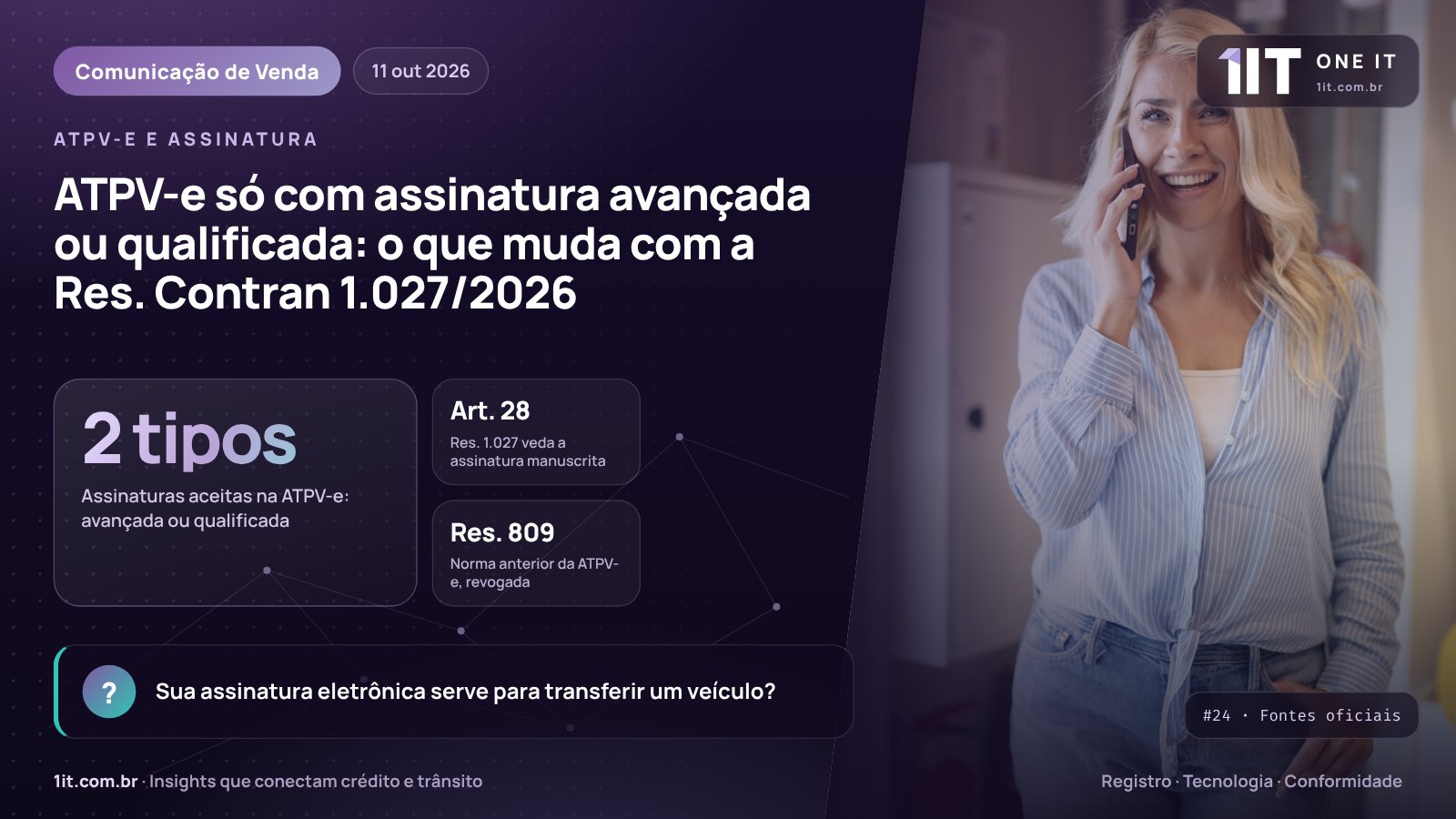 Infográfico One IT — ATPV-e só com assinatura avançada ou qualificada: o que muda com a Res. Contran 1.027/2026